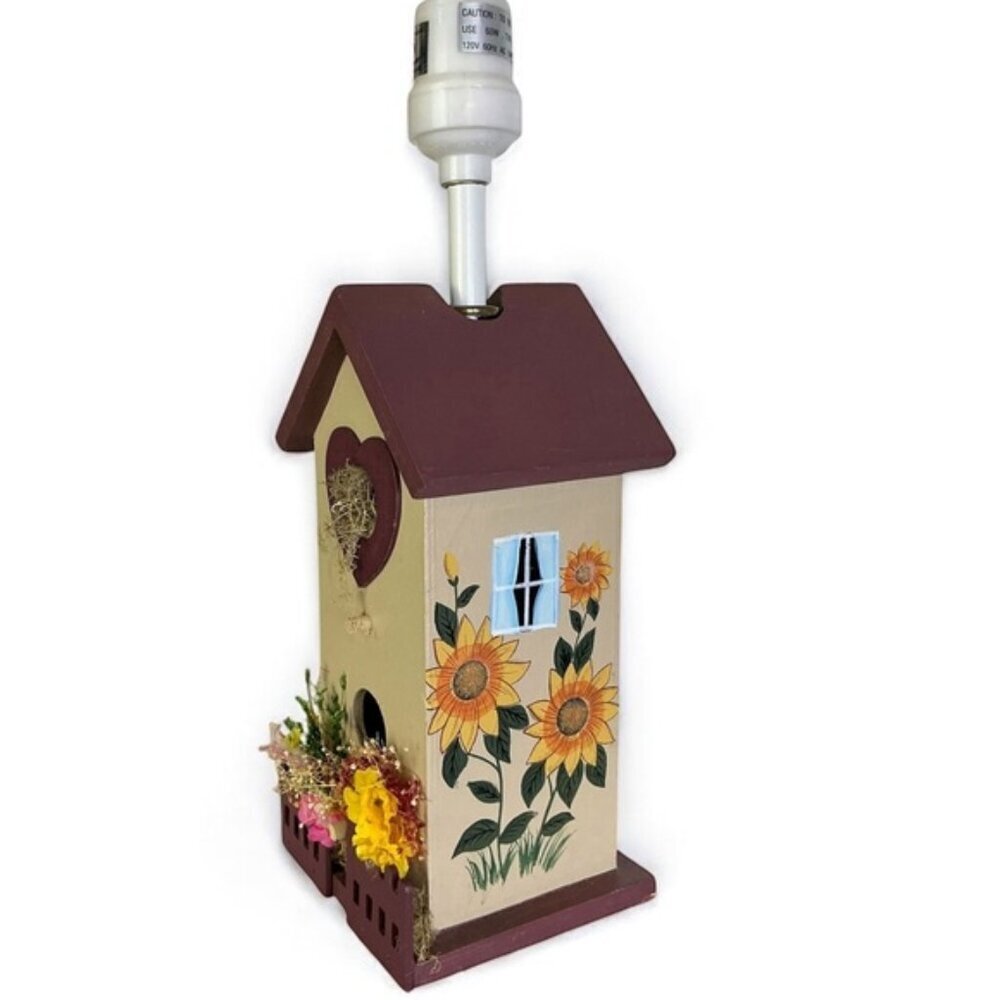 Birdhouse Table Lamp Sunflower Rustic Wood Hand Crafted Tan Country Barn Red